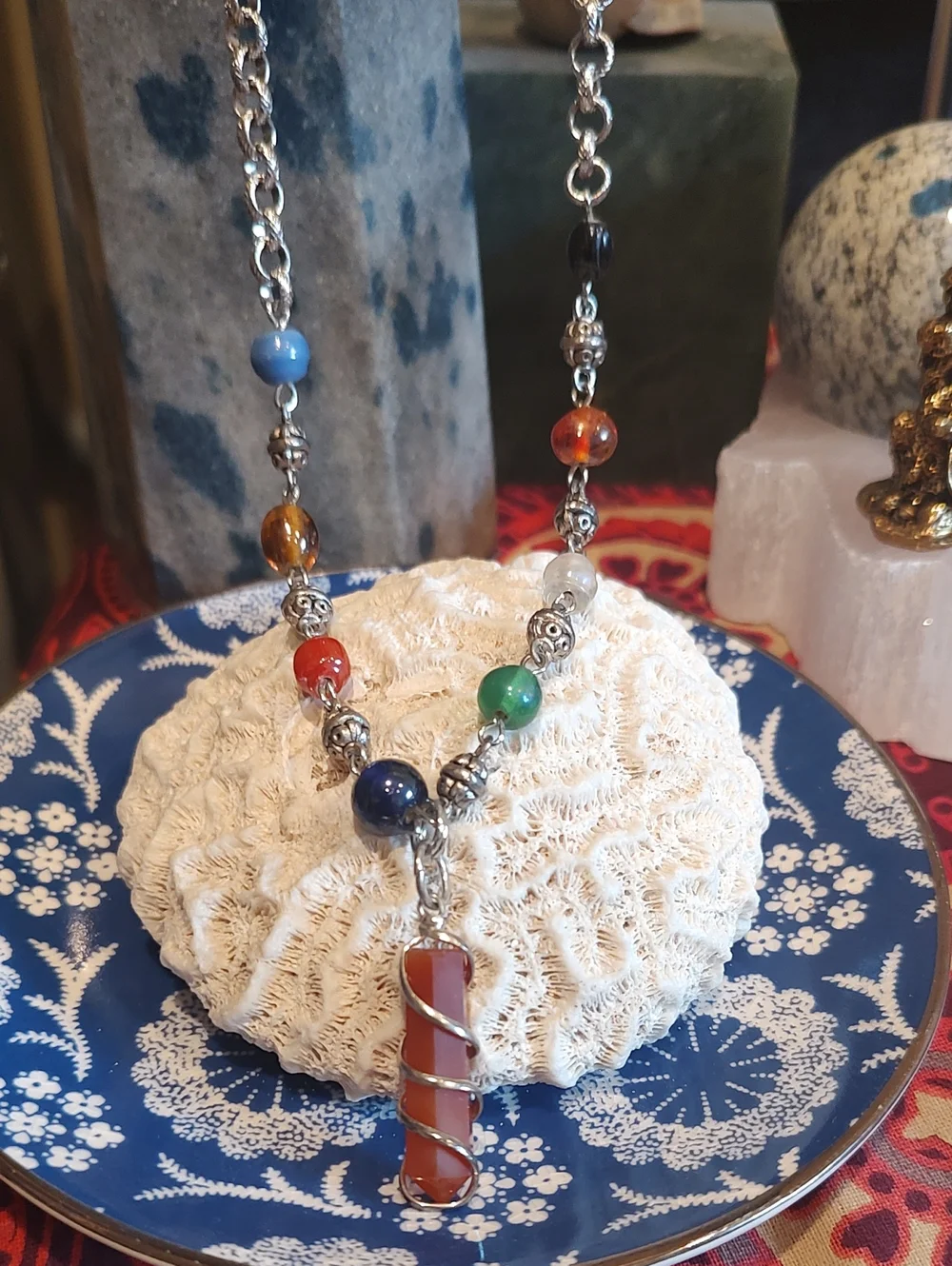 Carnelian Pendant And Beaded Chain/Rolo Link Chain 19